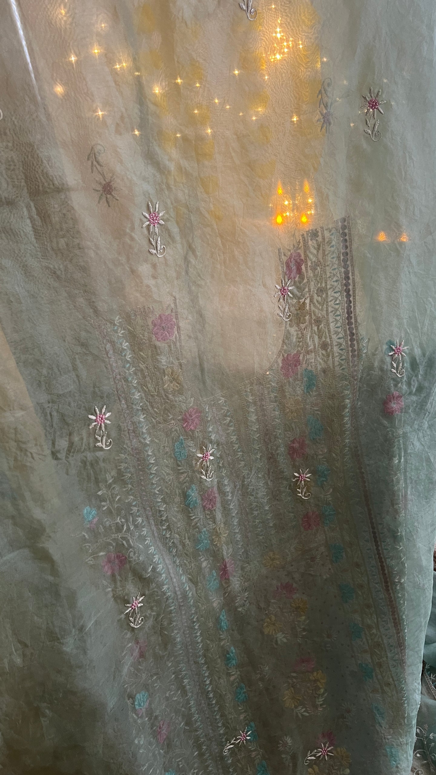 Ruhani Sage Green fine Chikankari pure Organza kurta with dupatta
